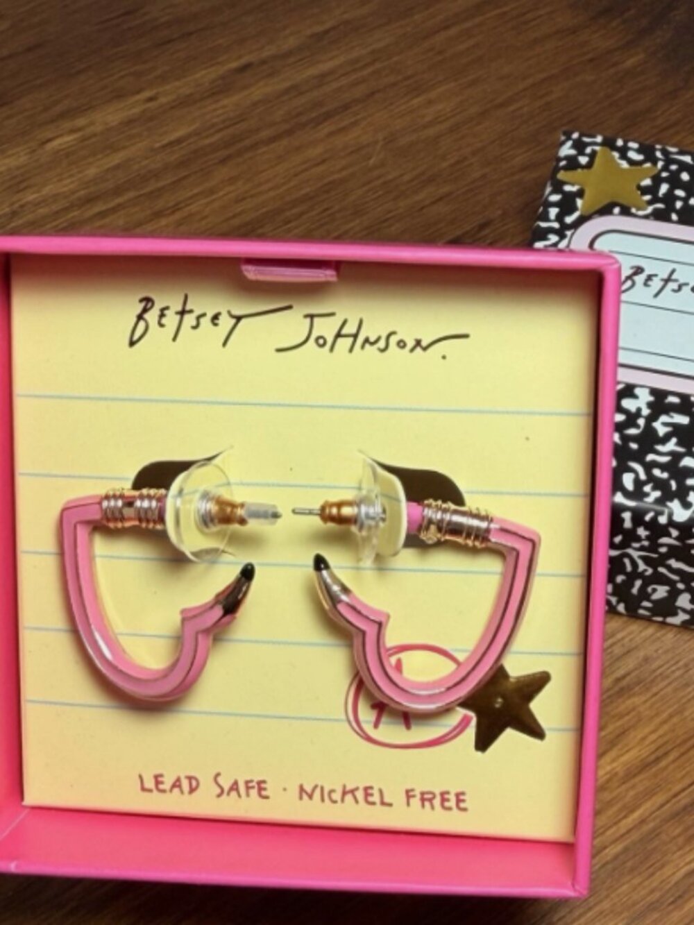 Betsey Johnson Pink Enamel Heart Pencil Hoop Earrings NWT